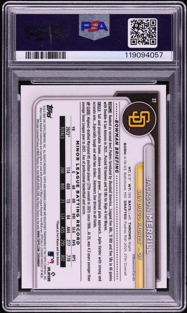 2024 Bowman Chrome Sapphire Edition Red Jackson Merrill ROOKIE 1/5 #27 PSA 9 MINT