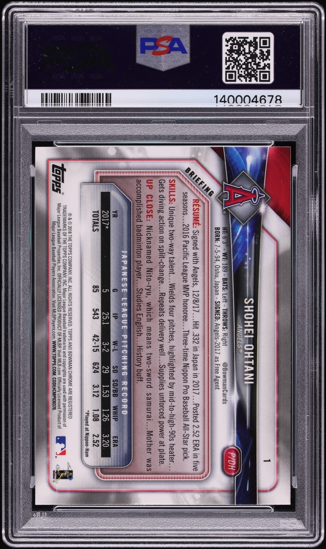 2018 Bowman Chrome Shohei Ohtani ROOKIE #1 PSA 10 GEM MINT