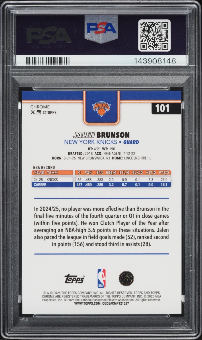 2025 Topps Chrome Orange Geometric Jalen Brunson /25 #101 PSA 9 MINT