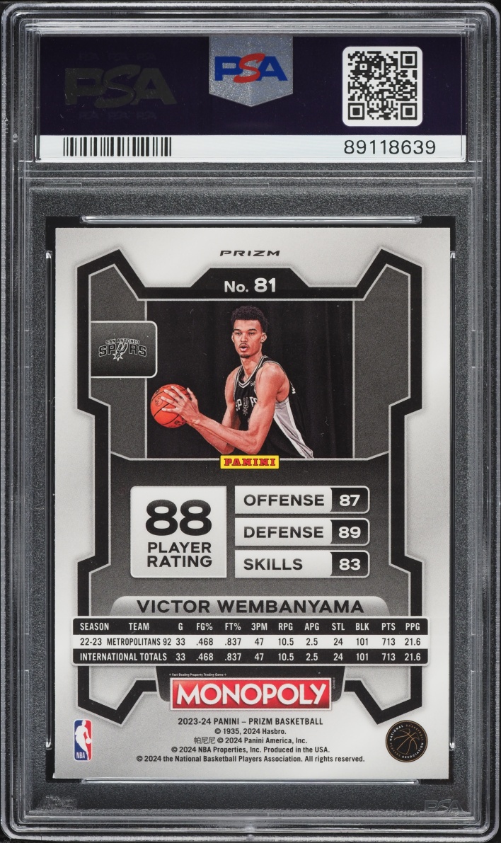 2023 Panini Prizm Monopoly Purple Victor Wembanyama ROOKIE #81 PSA 9 MINT