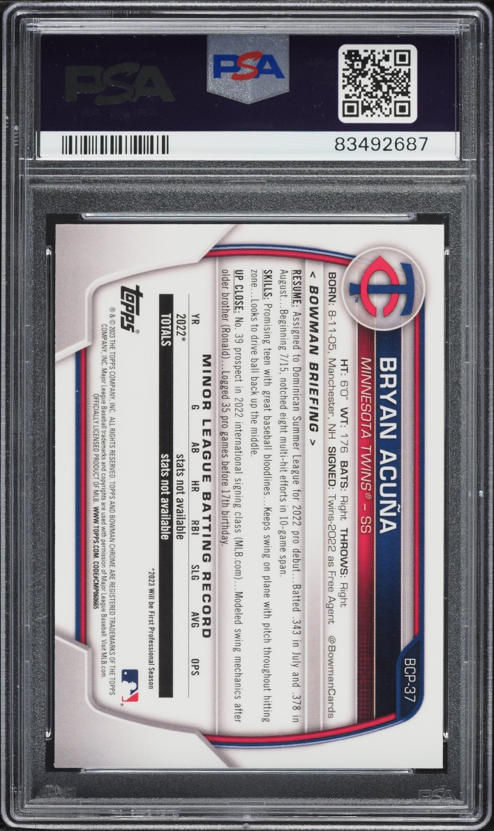 2023 Bowman Chrome Pearl Refractor Bryan Acuna PROSPECTS #BCP-37 PSA 10 GEM MINT