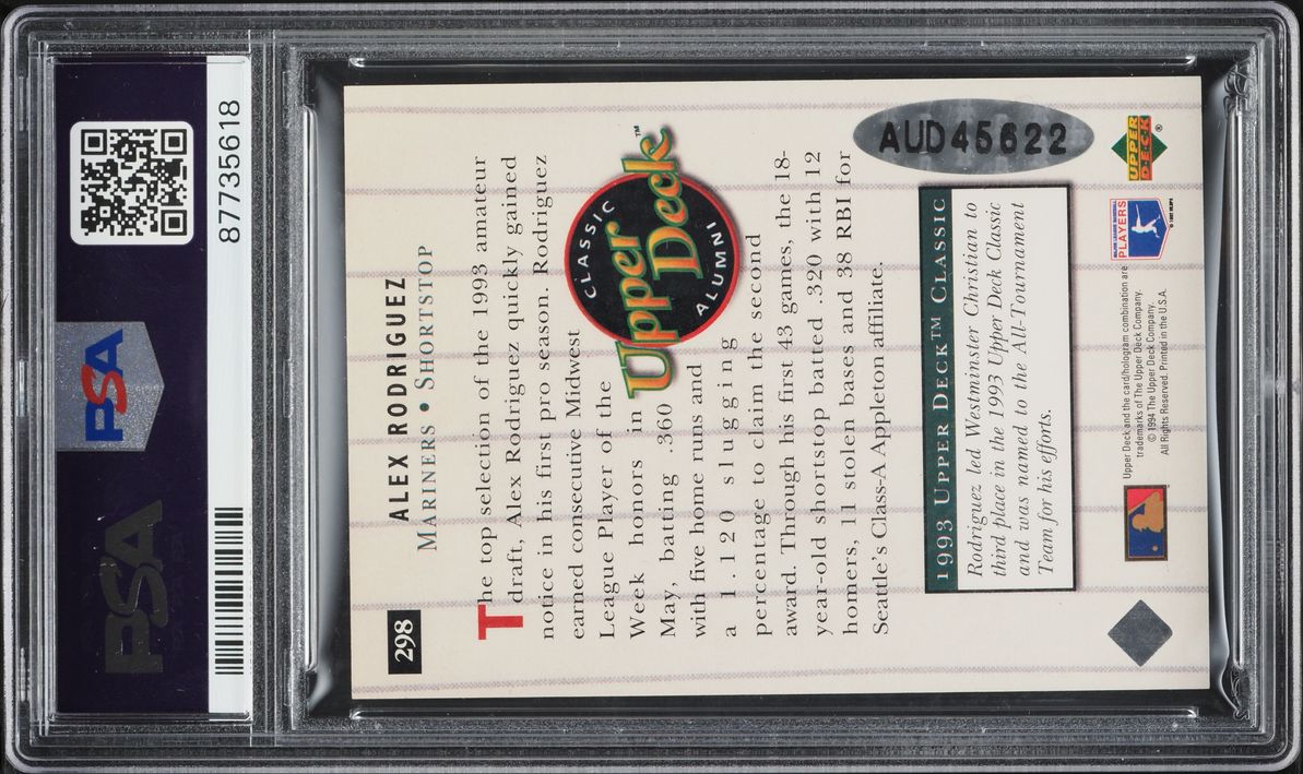 1994 Upper Deck Alex Rodriguez ROOKIE AUTO #298 PSA/DNA AUTH
