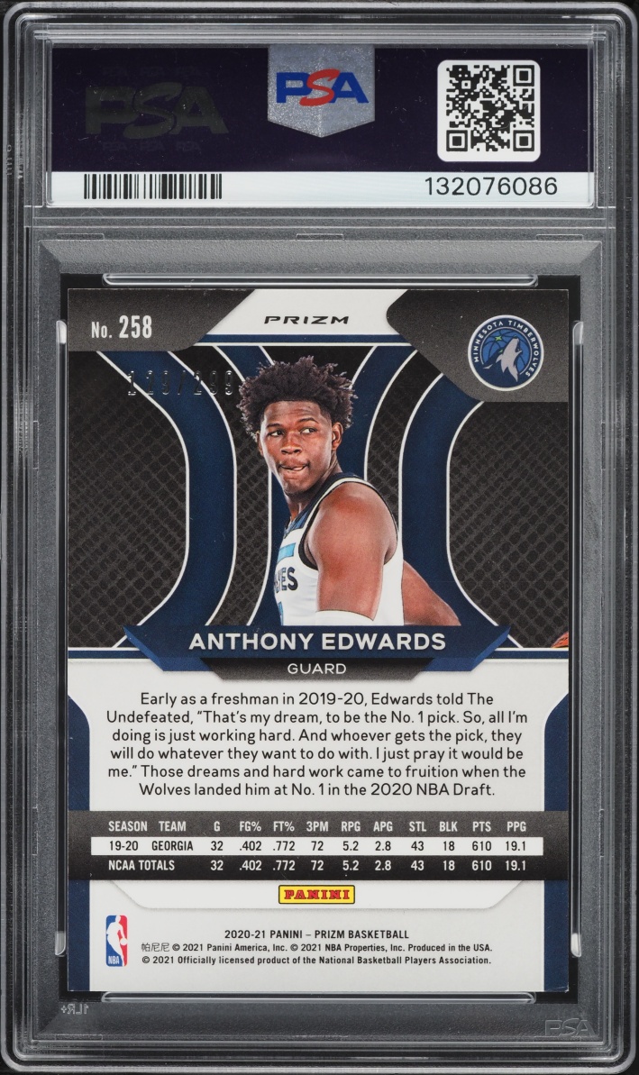 2020 Panini Prizm Red Anthony Edwards ROOKIE /299 #258 PSA 8 NM-MT
