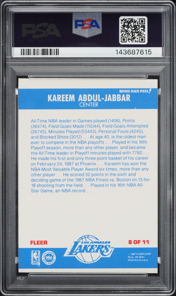 1987 Fleer Sticker Kareem Abdul-Jabbar #8 PSA 7 NRMT