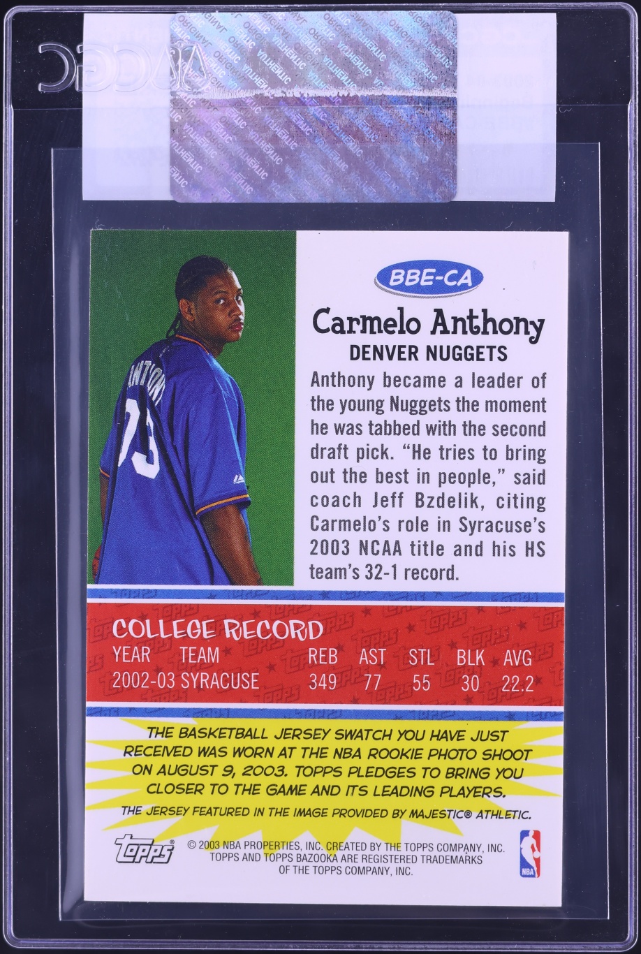 2003 Topps Bazooka Beginnings Carmelo Anthony ROOKIE PATCH #BBE-CA CGC AUTH