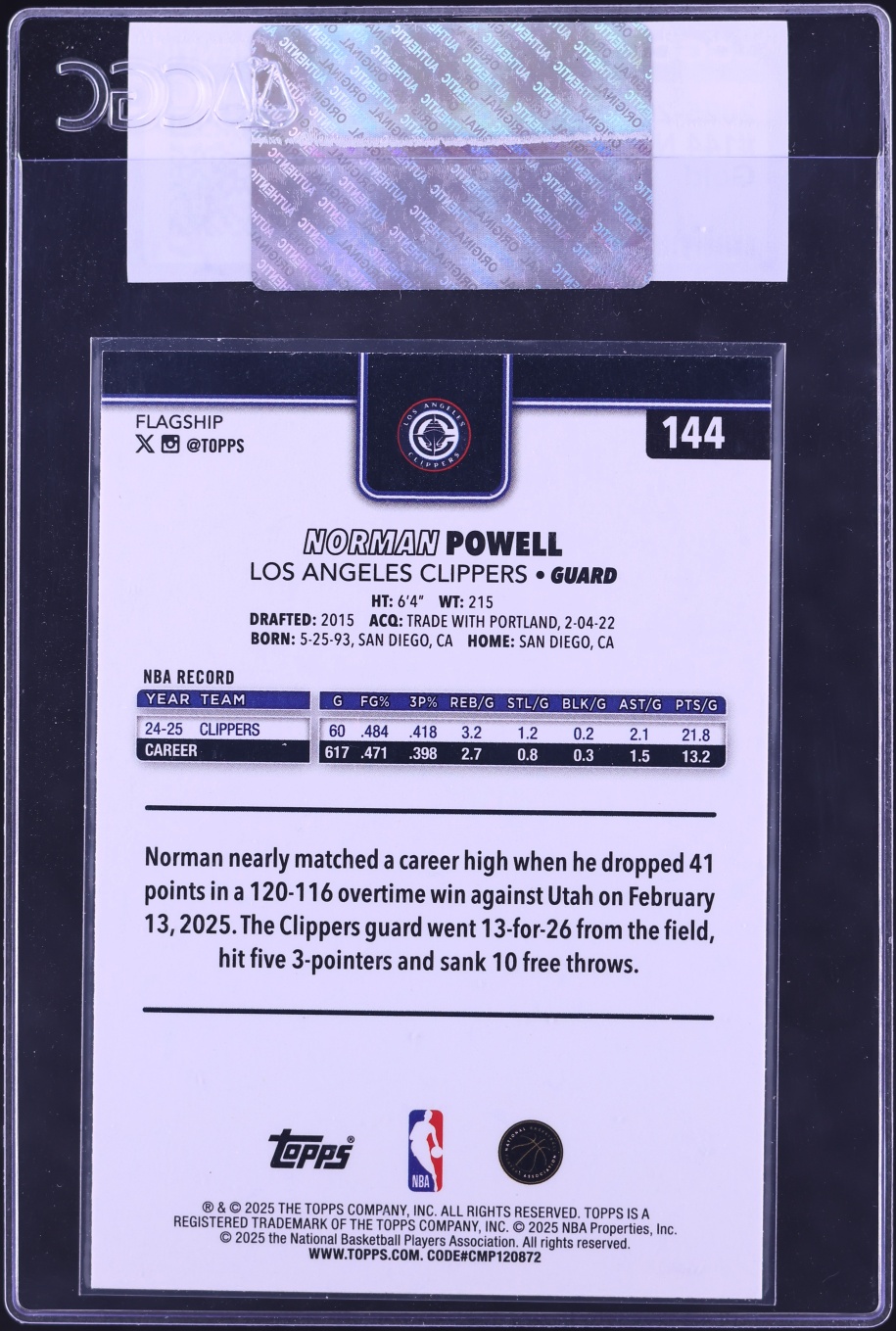 2025 Topps Gold Norman Powell /2025 #144 CGC AUTH