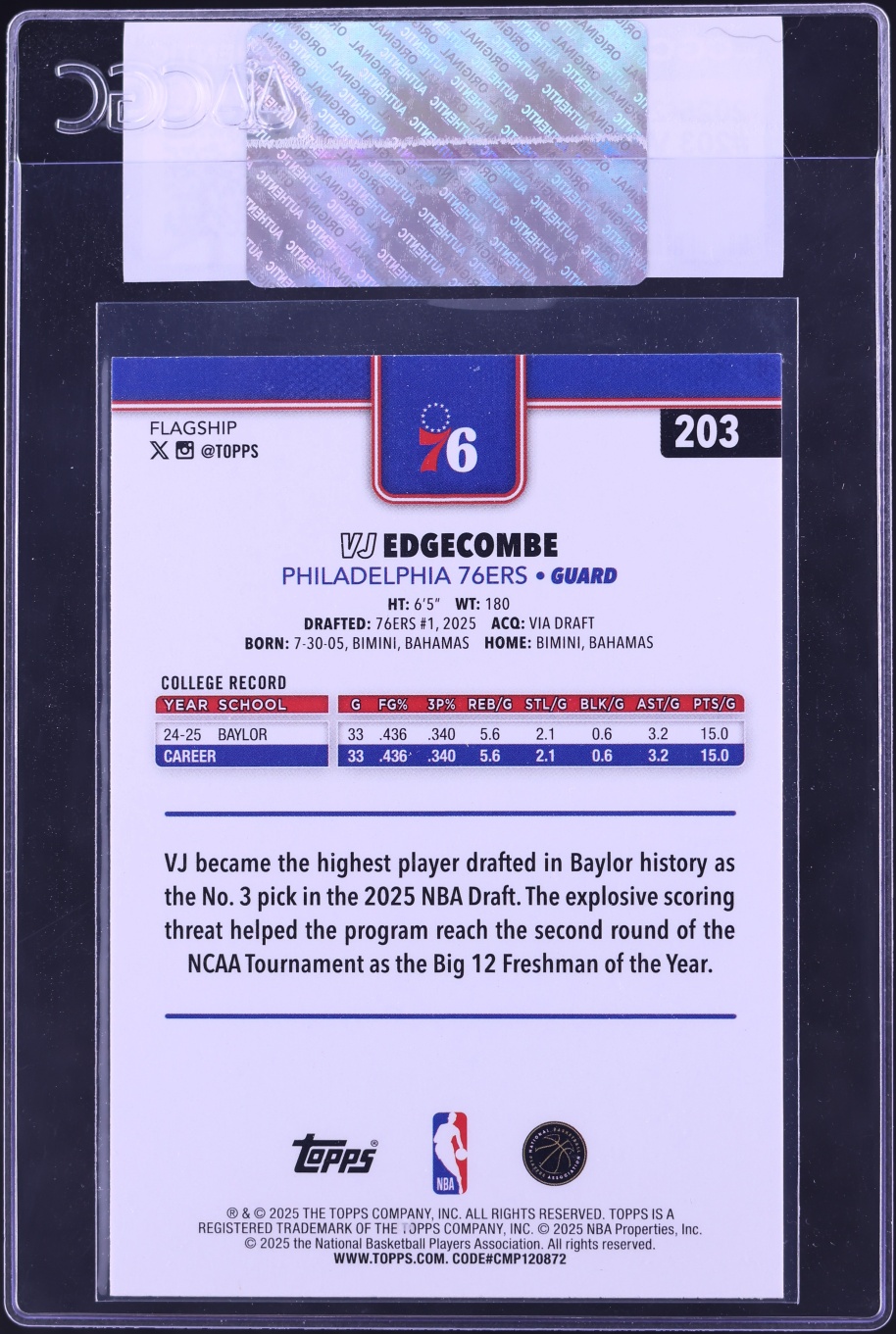 2025 Topps Basketball VJ Edgecombe ROOKIE #203 CGC AUTH