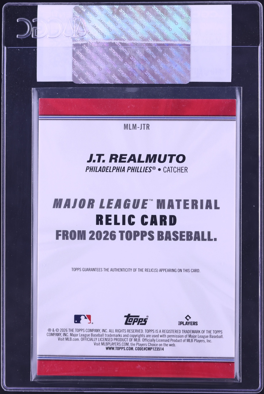 2026 Topps Major League Materials J.T. Realmuto PATCH #MLM-JTR CGC AUTH