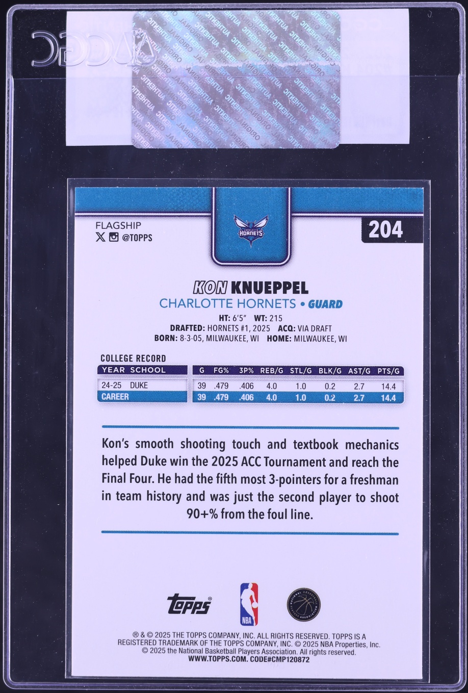 2025 Topps Basketball Kon Knueppel ROOKIE #204 CGC AUTH