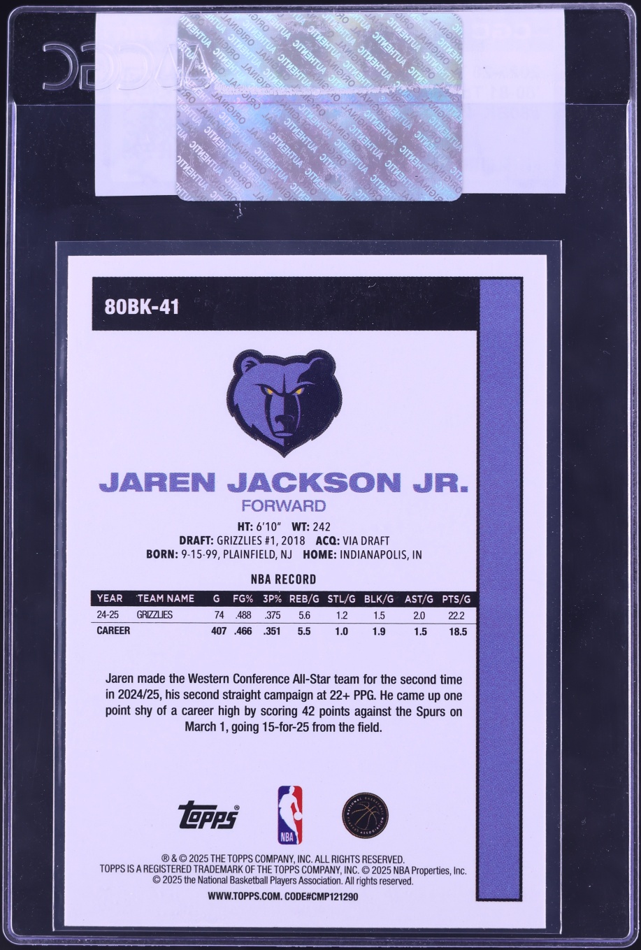2025 Topps '80 Jaren Jackson Jr. #80BK-41 CGC AUTH