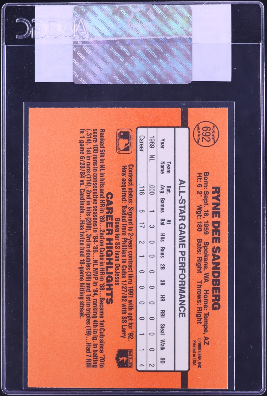 1990 Donruss All Star Ryne Sandberg #692 CGC AUTH