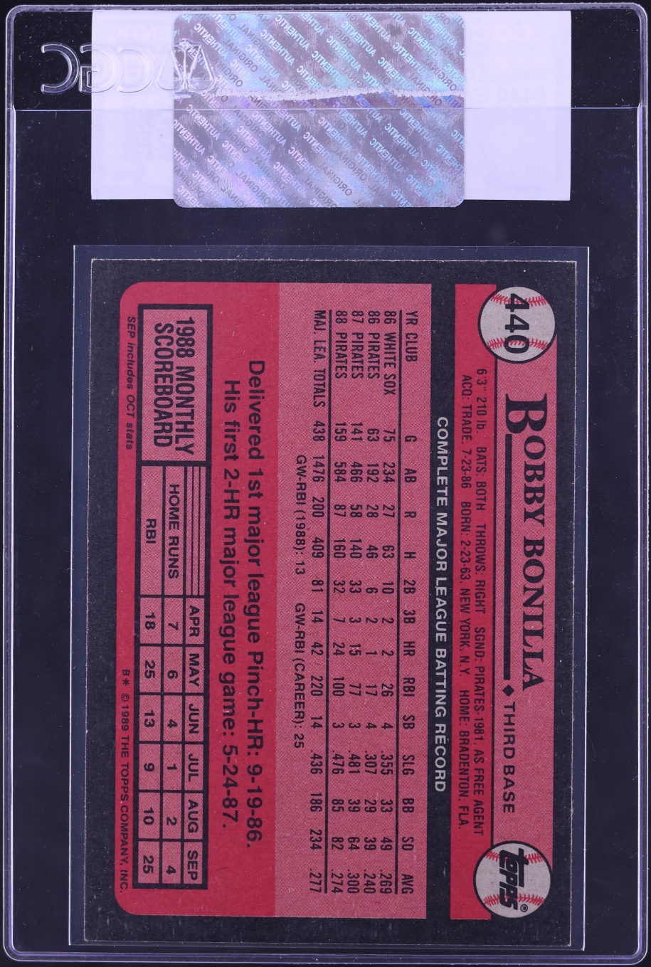 1989 Topps Bobby Bonilla #440 CGC AUTH
