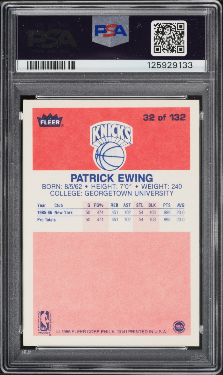 1986 Fleer Basketball Patrick Ewing ROOKIE #32 PSA 7 NRMT