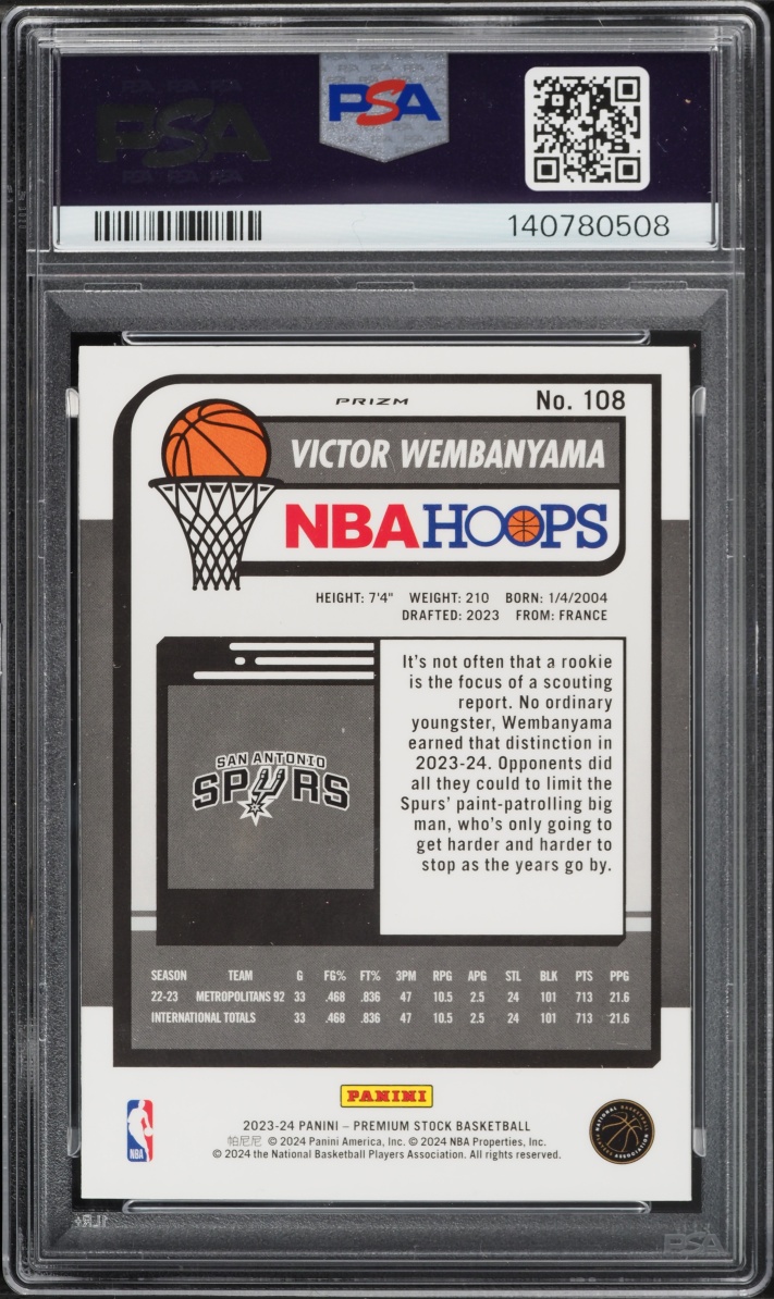 2023 Hoops Premium Stock Silver Prizm Victor Wembanyama ROOKIE #108 PSA 10 GEM MINT