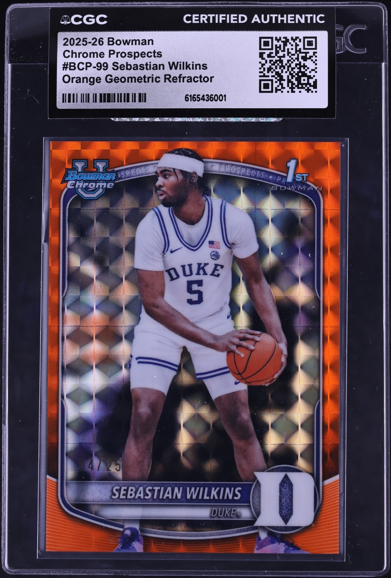 2025 Bowman Chrome University Orange Geometric Refractor Sebastian Wilkins ROOKIE /25 CGC AUTH
