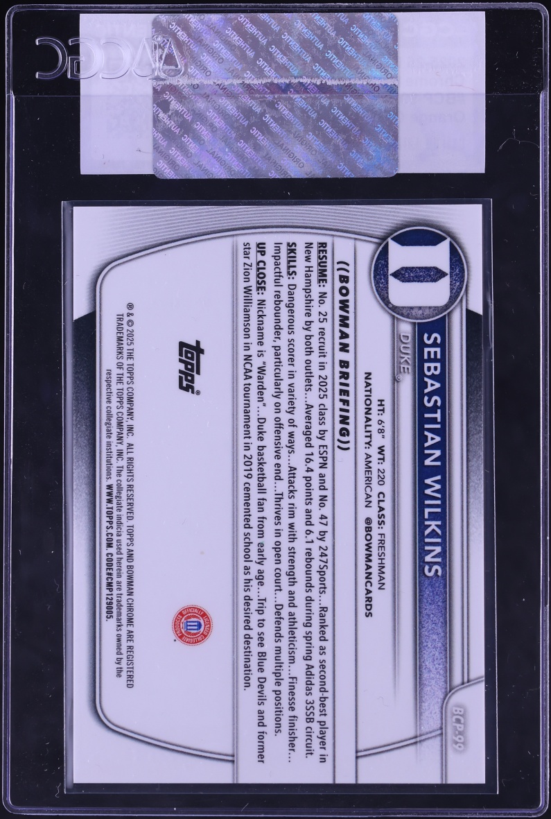 2025 Bowman Chrome University Orange Geometric Refractor Sebastian Wilkins ROOKIE /25 CGC AUTH