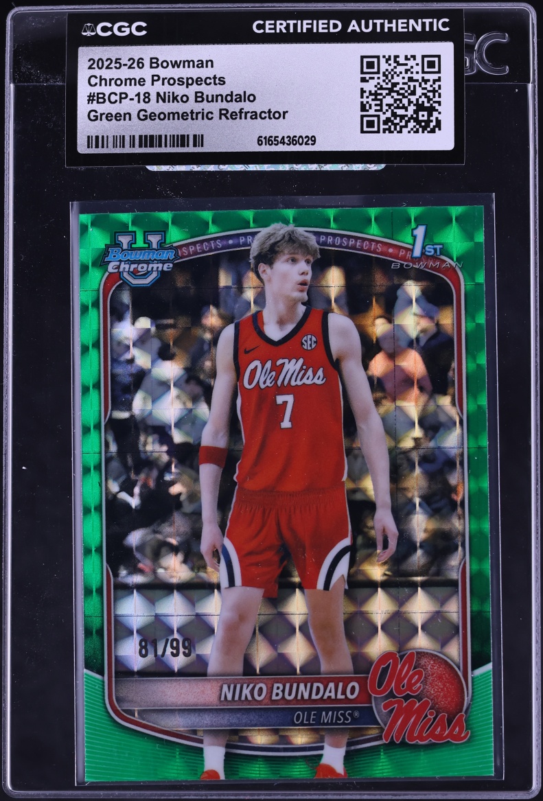 2025 Bowman Chrome University Green Geometric Refractor Niko Bundalo ROOKIE /99 #BCP18 CGC AUTH