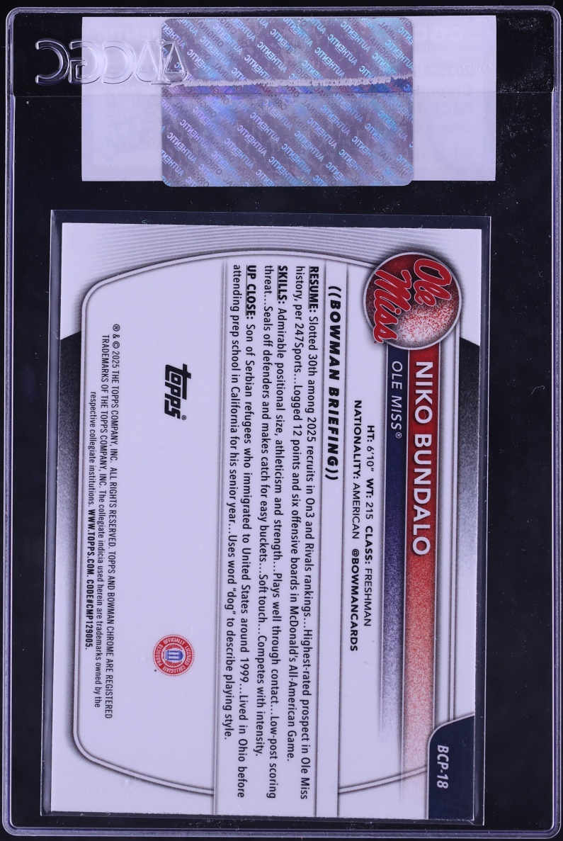 2025 Bowman Chrome University Green Geometric Refractor Niko Bundalo ROOKIE /99 #BCP18 CGC AUTH