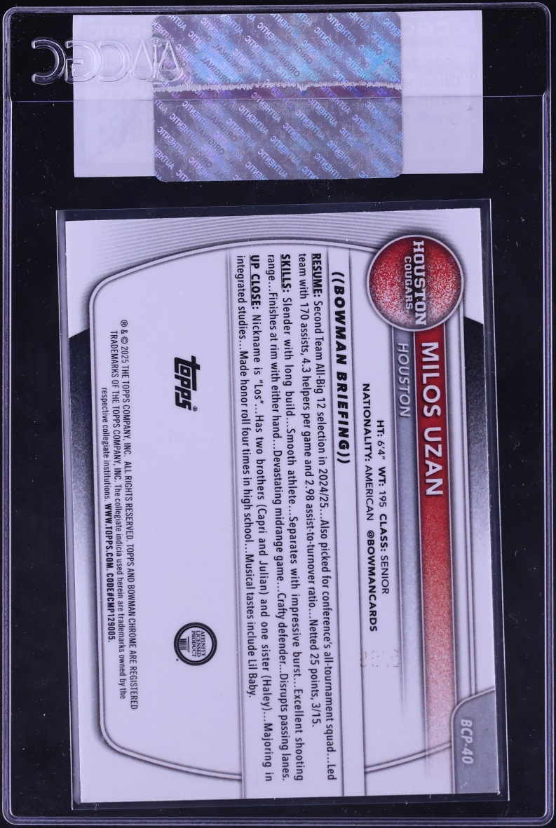 2025 Bowman Chrome University Green Geometric Refractor Milos Uzan ROOKIE /99 #BCP-40 CGC AUTH