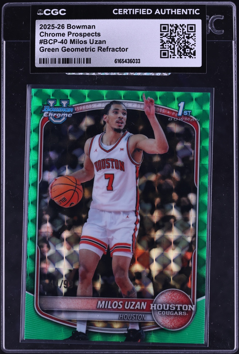 2025 Bowman Chrome University Green Geometric Refractor Milos Uzan ROOKIE /99 #BCP-40 CGC AUTH