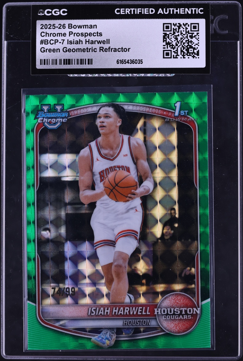 2025 Bowman Chrome University Green Geometric Ref. Isiah Harwell ROOKIE /99 #BCP-7 CGC AUTH