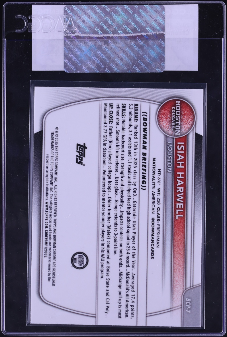 2025 Bowman Chrome University Green Geometric Ref. Isiah Harwell ROOKIE /99 #BCP-7 CGC AUTH