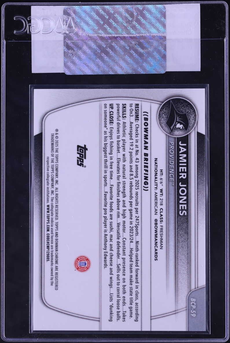 2025 Bowman Chrome University Gold Geometric Refractor Jamier Jones ROOKIE /50 #BCP-59 CGC AUTH