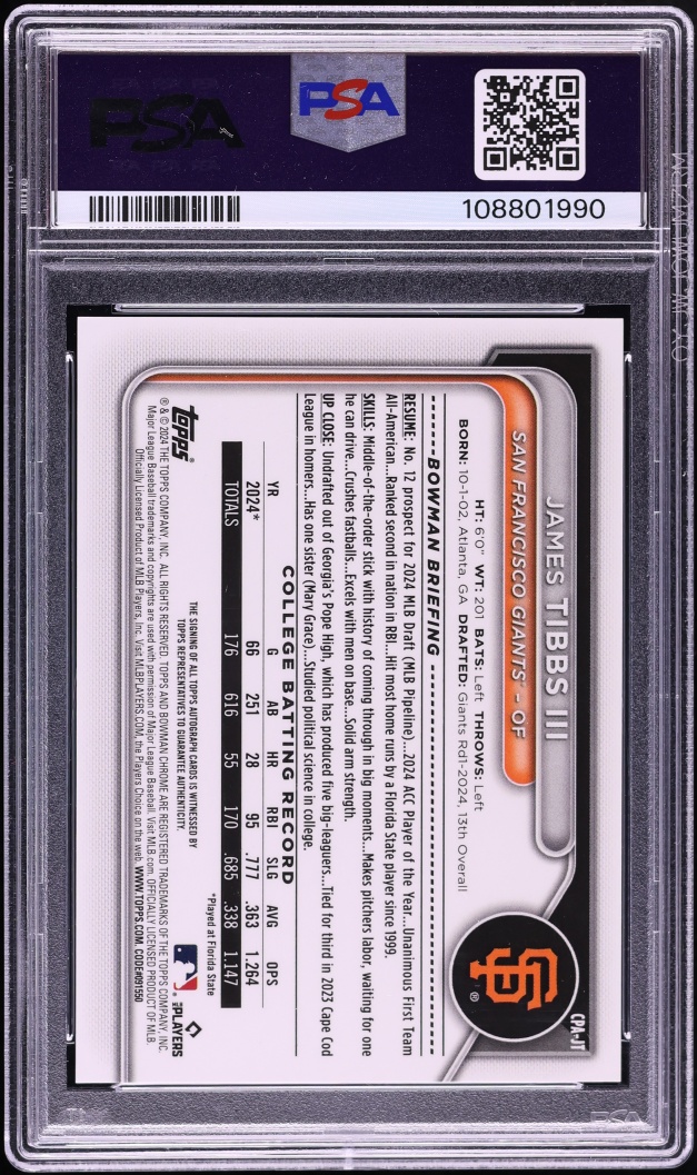 2024 Bowman Chrome Draft James Tibbs III PROSPECT AUTO #CPAJT PSA 10 GEM MINT