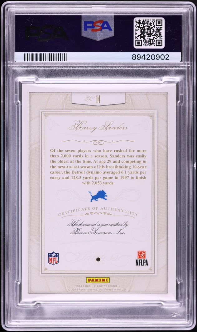 2014 Panini Flawless Diamond Gems Barry Sanders /20 #14 PSA 10 GEM MINT