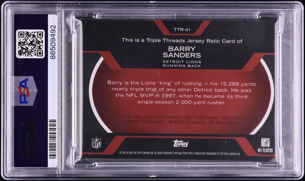 2008 Topps Triple Threads Red Barry Sanders PATCH AUTO /17 #TTR-41 PSA/DNA AUTH