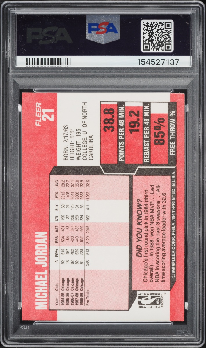 1989 Fleer Basketball Michael Jordan #21 PSA 8 NM-MT