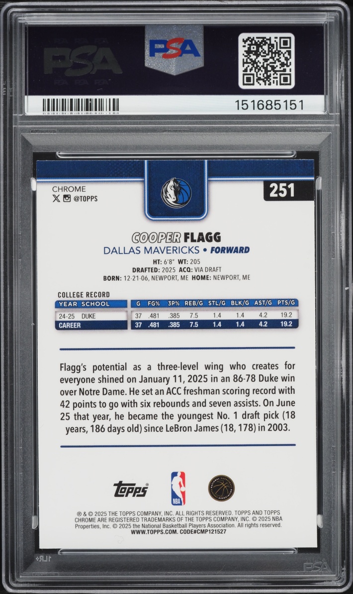 2025 Topps Chrome Xfractor Cooper Flagg ROOKIE #251 PSA 9 MINT
