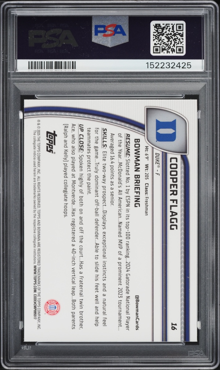 2024 Bowman Chrome University Black Wave Cooper Flagg ROOKIE #16 PSA 9 MINT