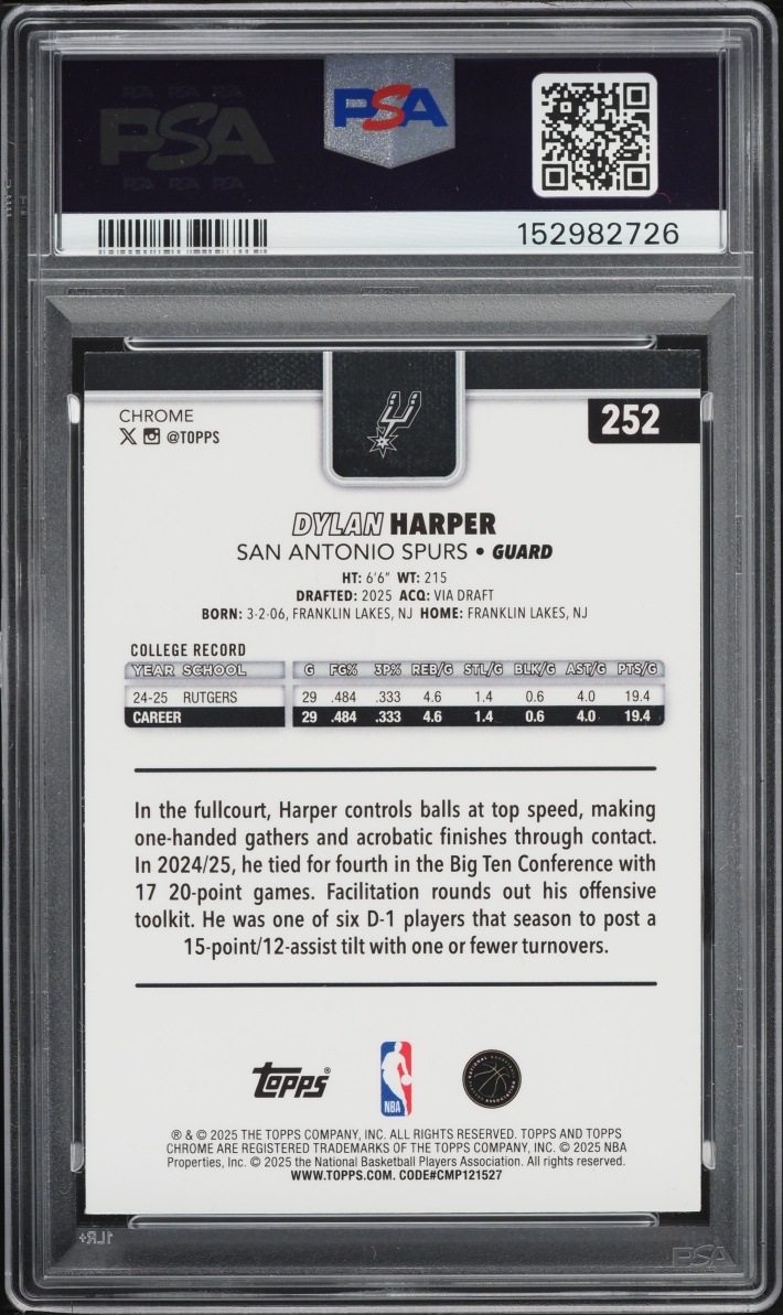 2025 Topps Chrome Aqua Raywave Dylan Harper ROOKIE /199 #252 PSA 10 GEM MINT