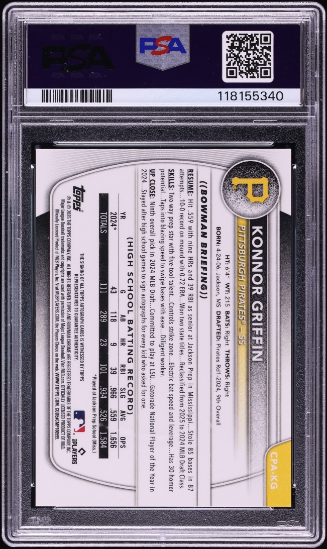 2025 Bowman Chrome Blue Xfractor Konnor Griffin PROSPECT AUTO /150 #CPA-KG PSA 10 GEM MINT