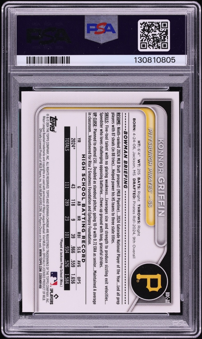 2024 Bowman Chrome Draft Sapphire Edition Konnor Griffin PROSPECT #BDC-22 PSA 10 GEM MINT