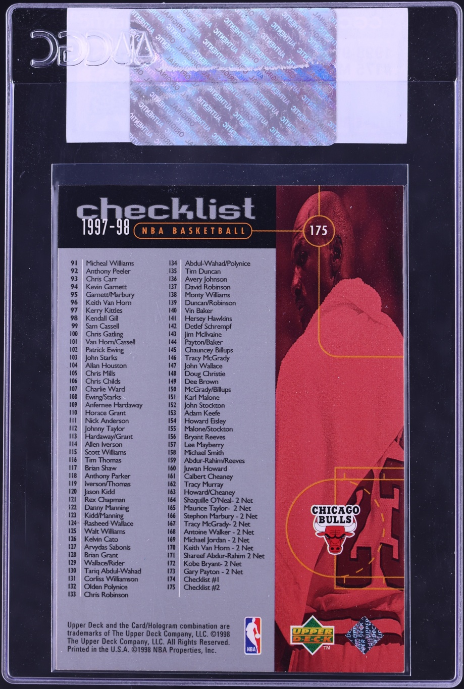 1998 Upper Deck Basketball Michael Jordan #175 CGC AUTH