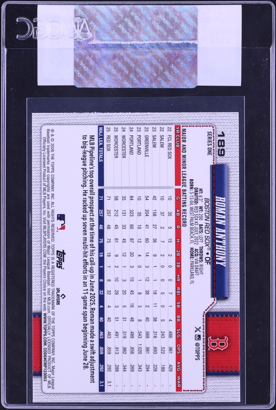 2026 Topps Roman Anthony ROOKIE #189 CGC AUTH
