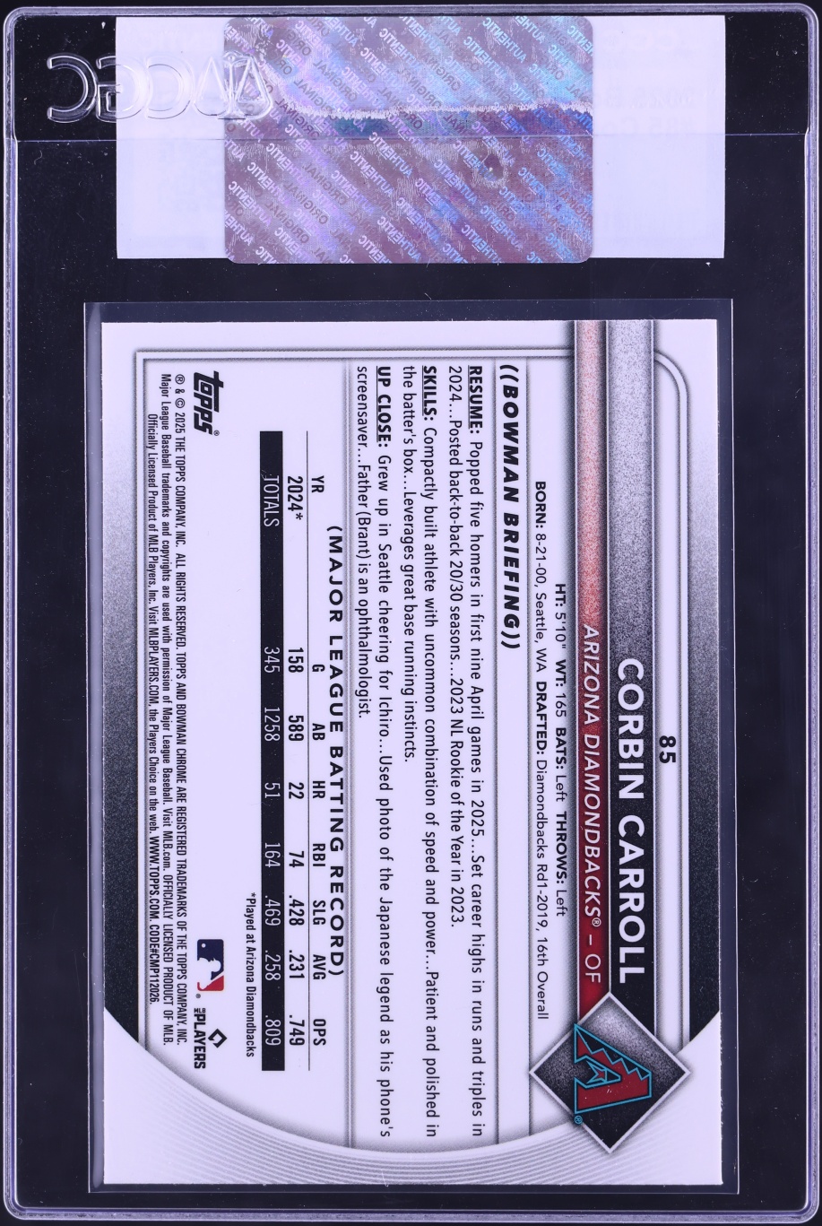 2025 Bowman Chrome Corbin Carroll #85 CGC AUTH