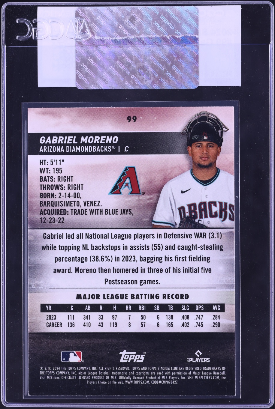2024 Stadium Club Gabriel Moreno #99 CGC AUTH