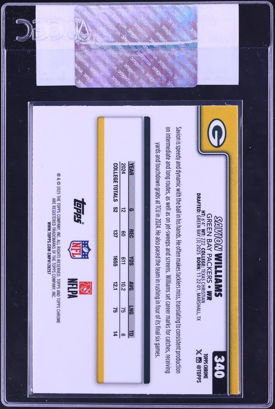 2025 Topps Chrome Football Savion Williams ROOKIE #340 CGC AUTH