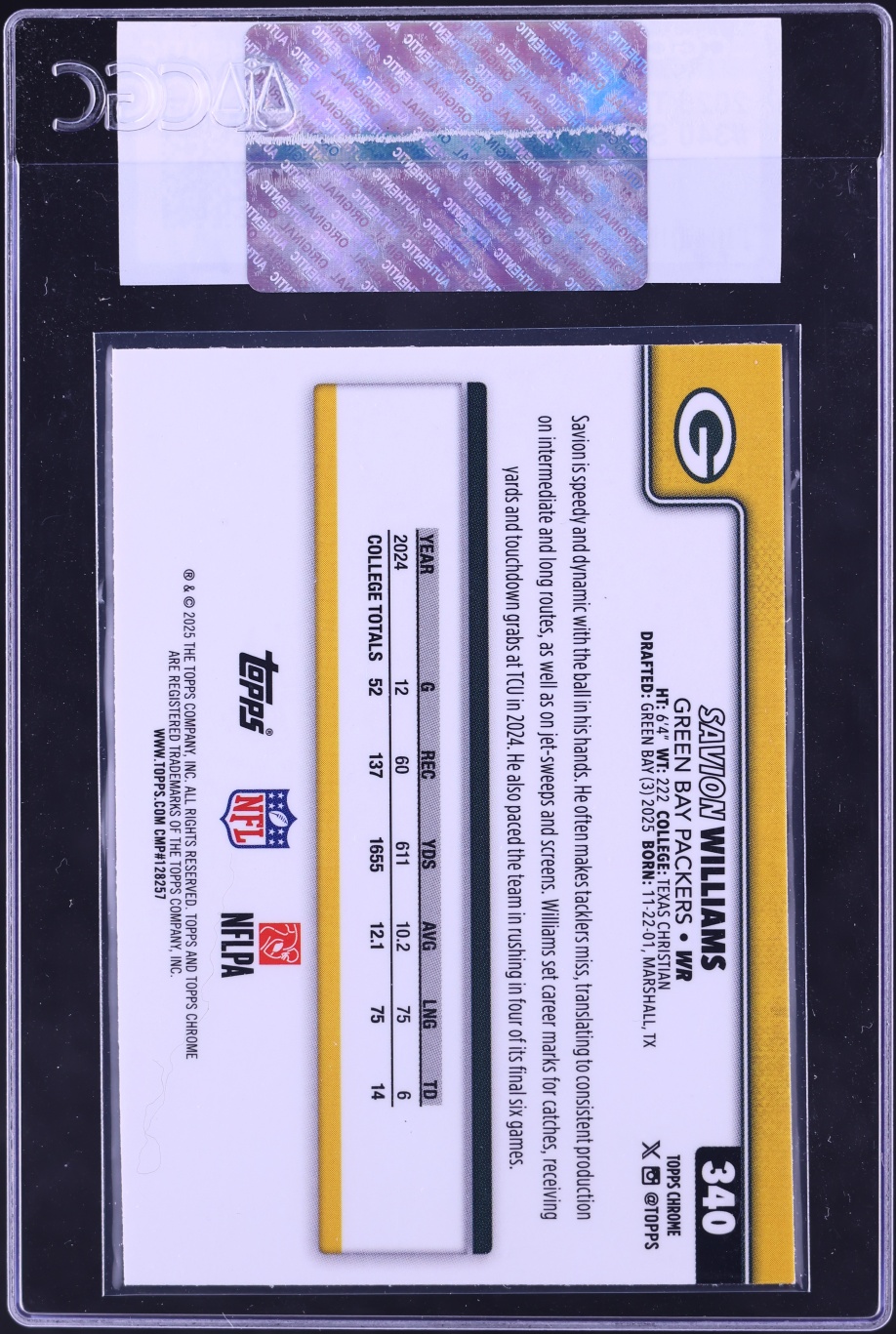 2025 Topps Chrome Football Savion Williams ROOKIE #340 CGC AUTH