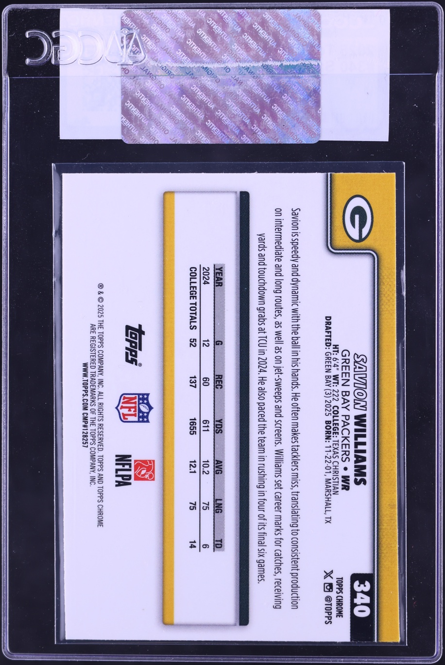 2025 Topps Chrome Football Savion Williams ROOKIE #340 CGC AUTH