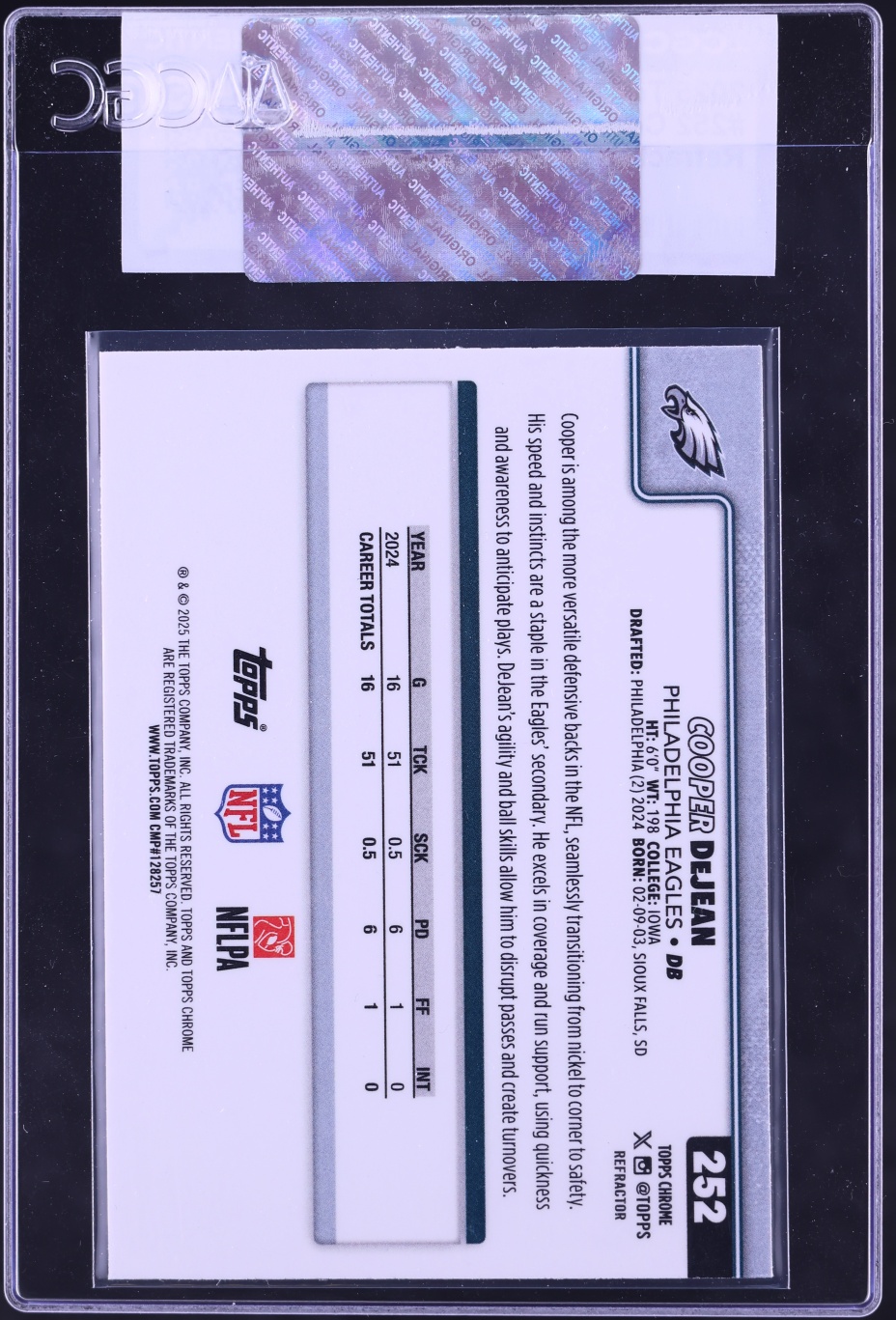 2025 Topps Chrome Refractor Cooper DeJean #252 CGC AUTH
