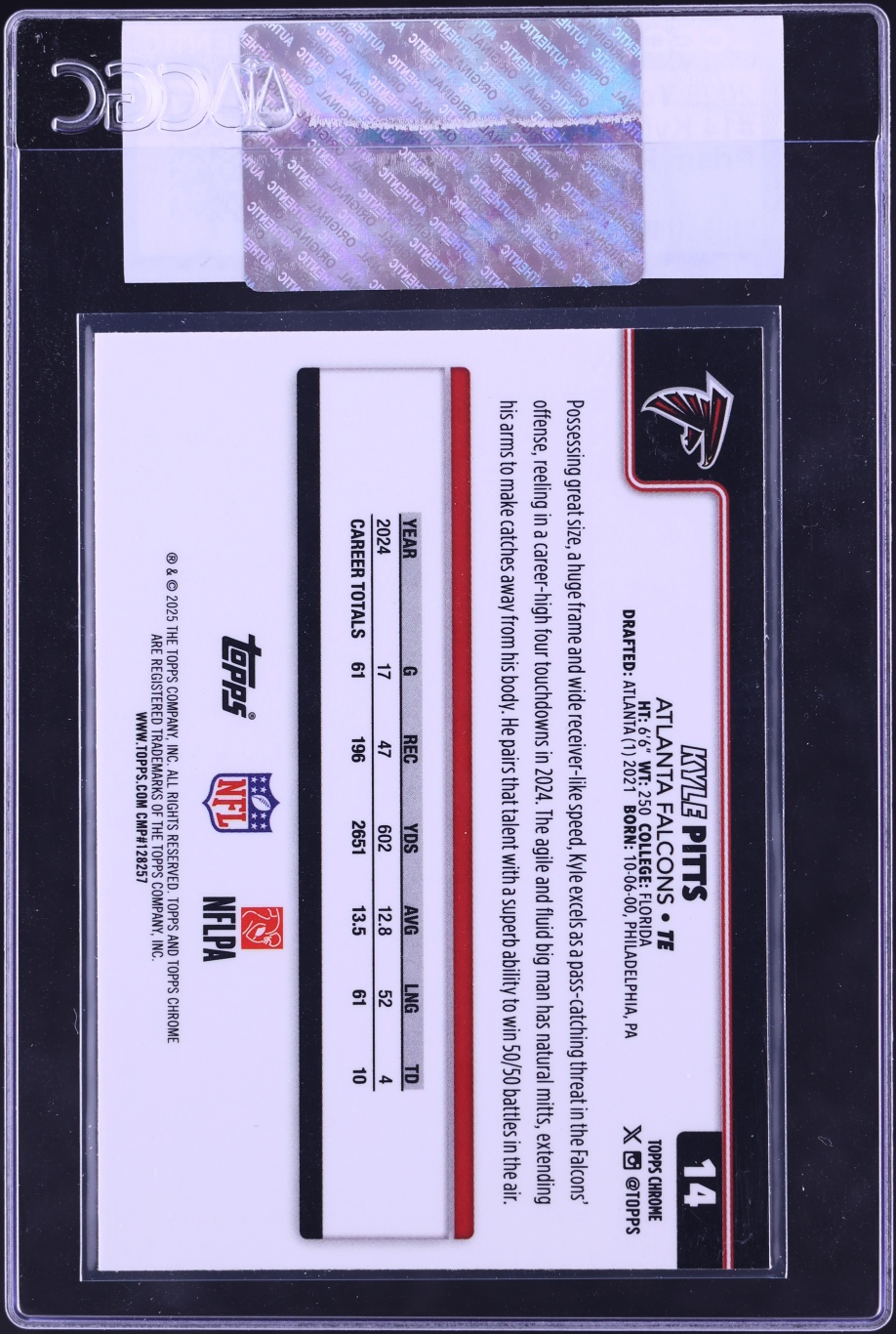 2025 Topps Chrome Prism Refractor Kyle Pitts #14 CGC AUTH