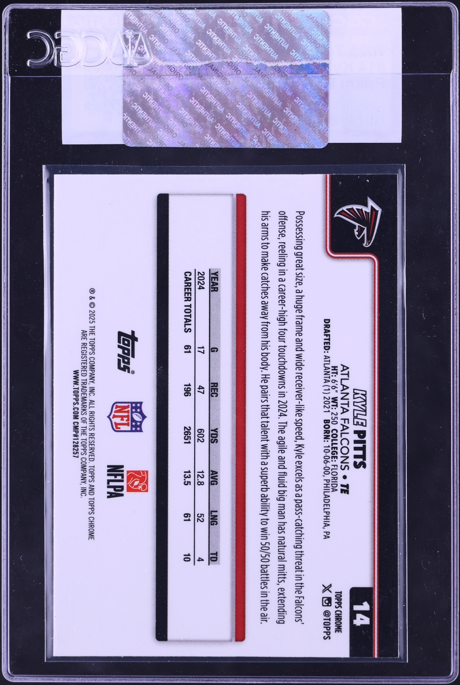 2025 Topps Chrome Prism Refractor Kyle Pitts #14 CGC AUTH
