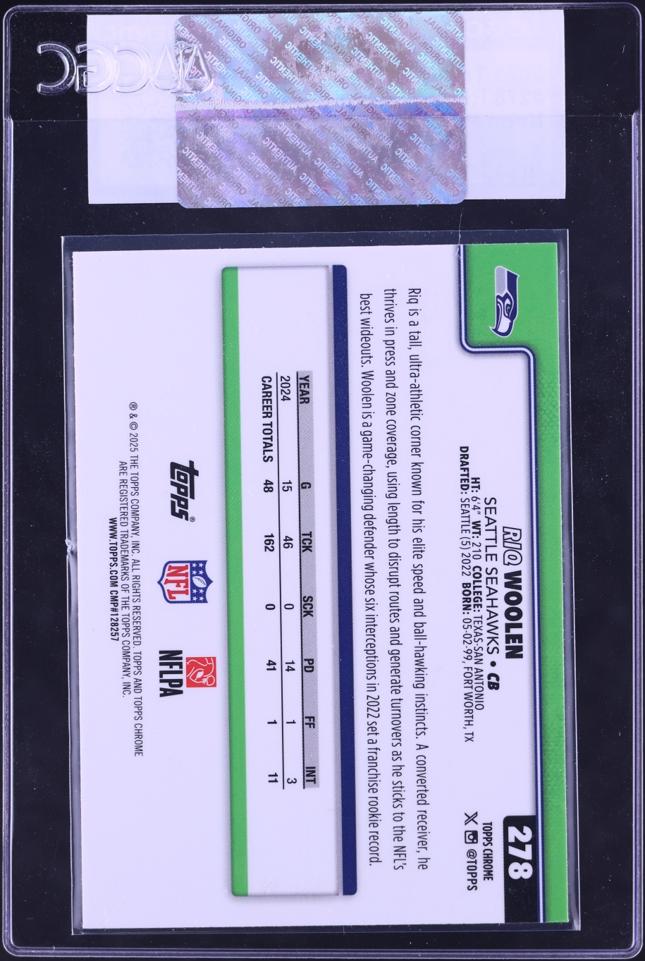 2025 Topps Chrome Neon Pulse Refractor Riq Woolen #278 CGC AUTH