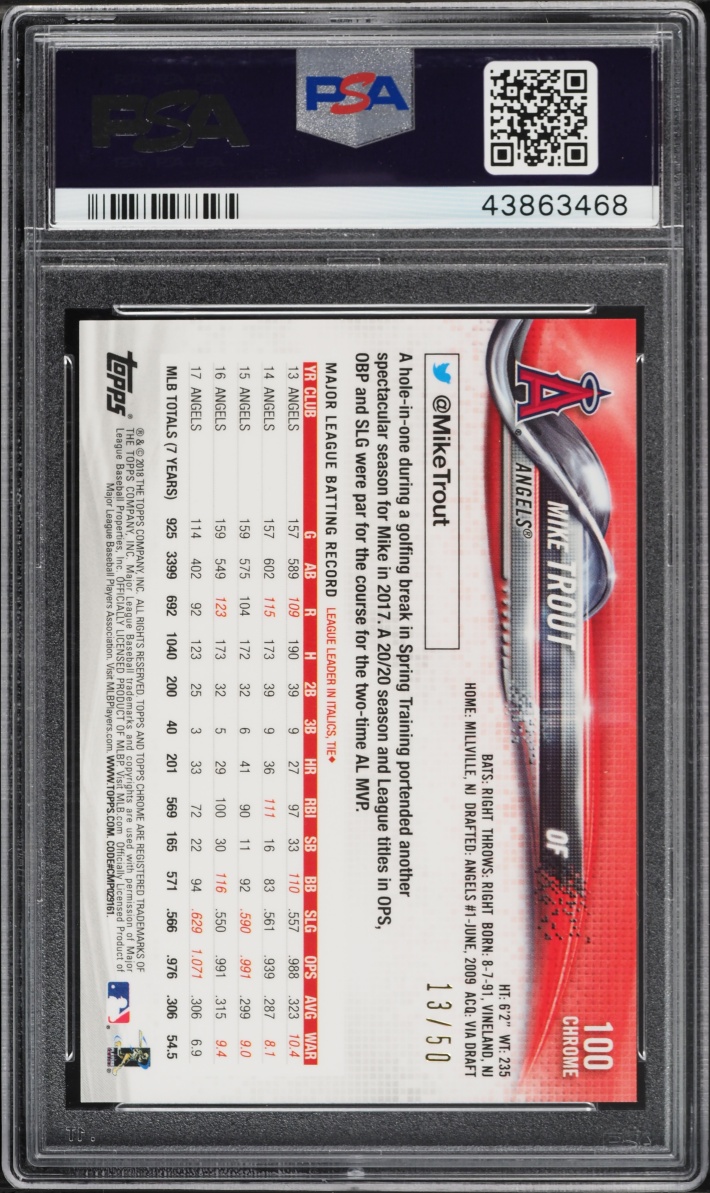 2018 Topps Chrome Gold Wave Refractor Mike Trout /50 #100 PSA 10 GEM MINT