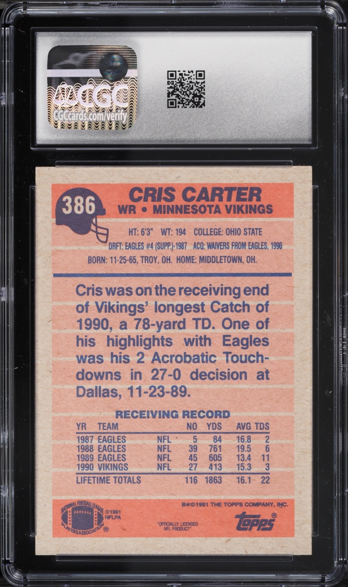 1991 Topps Cris Carter #386 CGC 10 GEM MINT
