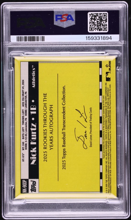 2025 Topps Transcendent Collection '25 Through The Years Nick Kurtz RC AUTO DNA 8 1/1 PSA 10